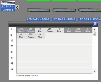 Channels 1 (effect/gobo) and 2 (dimmer) are the controls and channels 3 through 11 are the RGB sliders